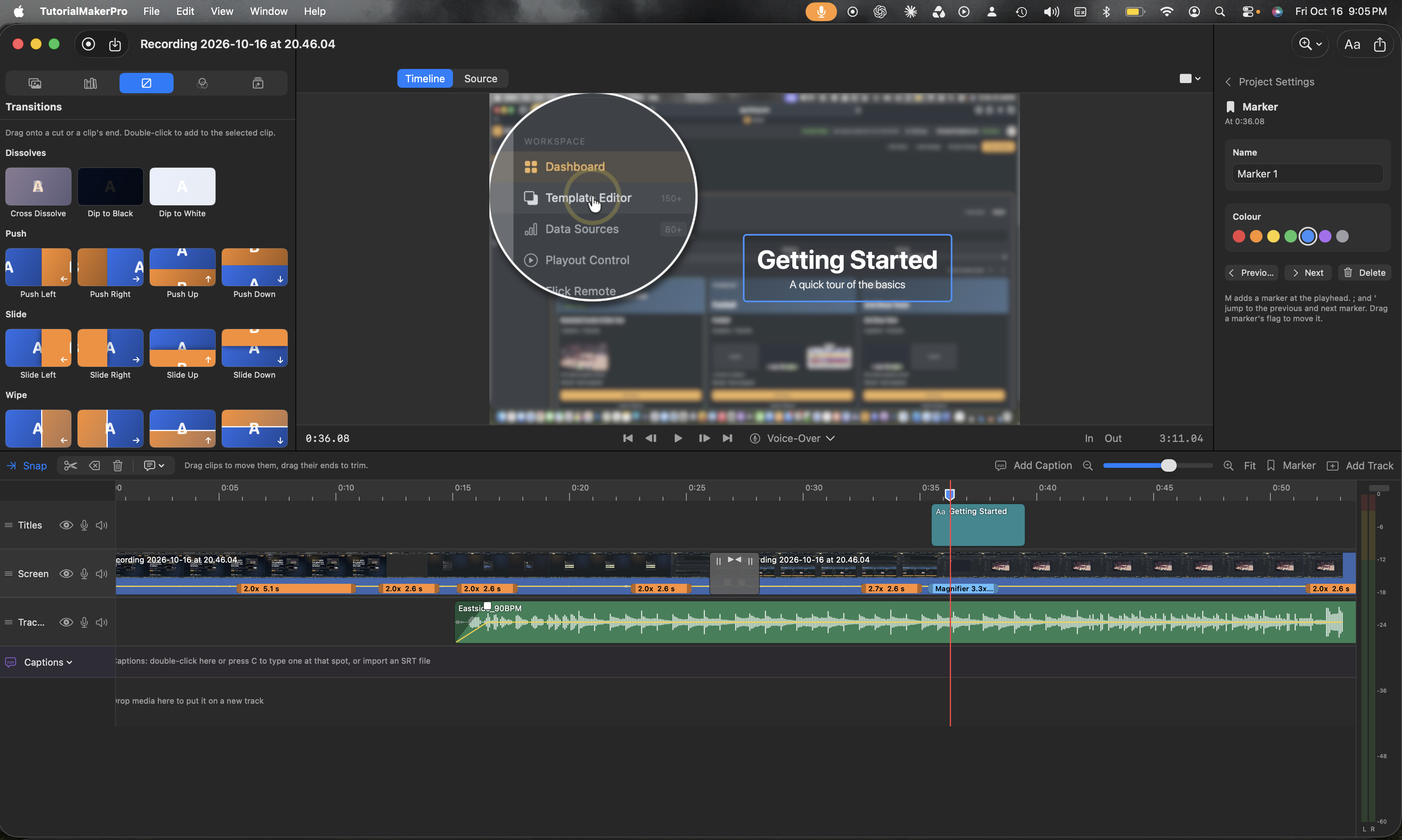 Tutorial Maker Pro editor with magnifier, title, layered timeline, and audio