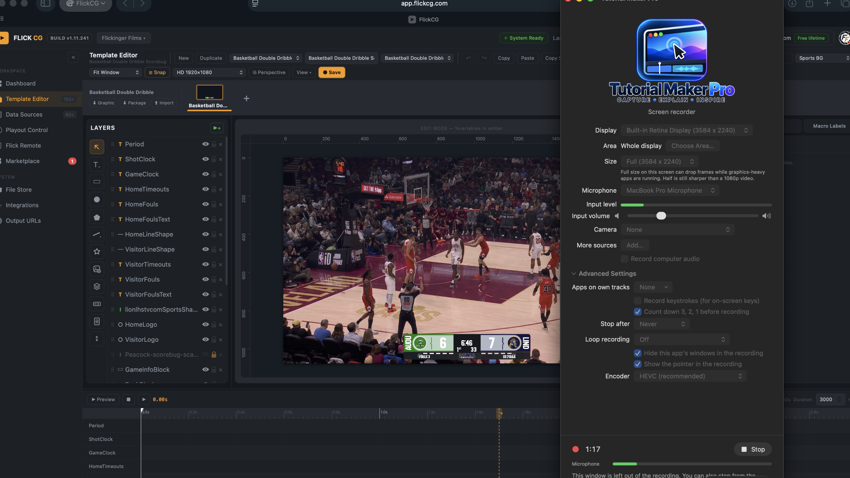Tutorial Maker Pro screen recorder running on a Mac, with recording controls and microphone levels beside a FlickCG demonstration